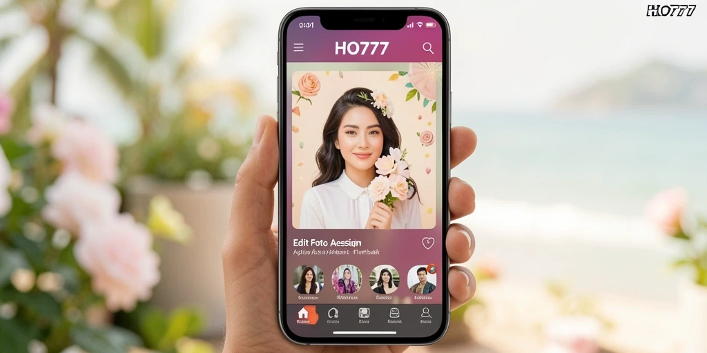 Screenshot aplikasi HO777 menampilkan antarmuka Edit Foto Aesthetic yang menarik.